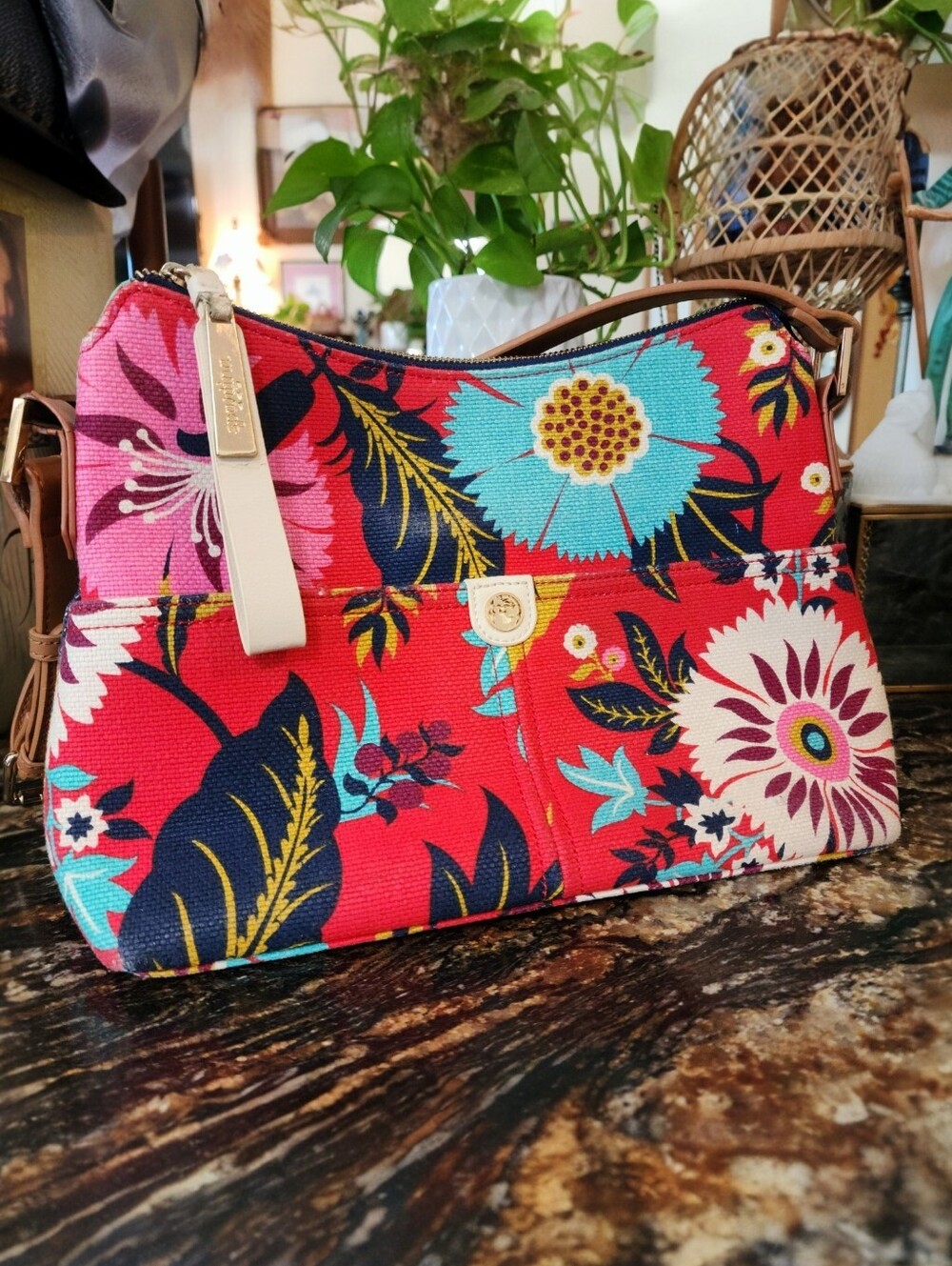 Spartina 449 Daufuskie Tropical Red Floral Natural Linen Genuine Leather Purse